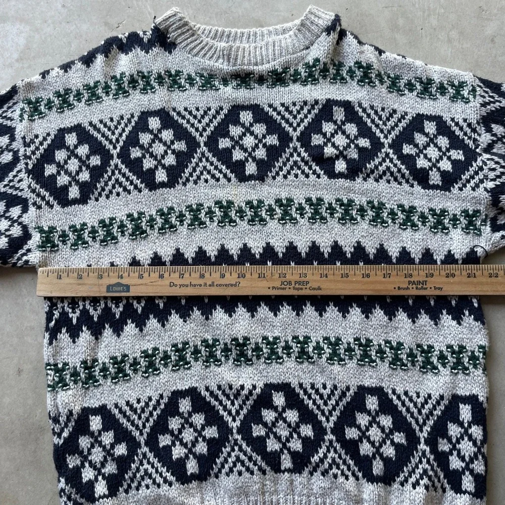 Northwest Territory Mens XL Fair Isle Knit Sweater Grey Navy Green Made in USA